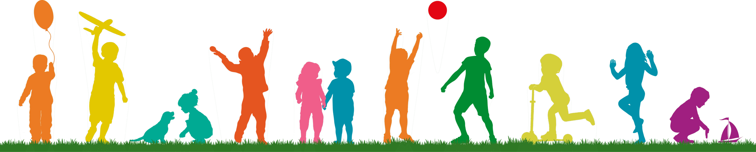 Footer_Kinder Illustration spielender Kinder auf Wiese